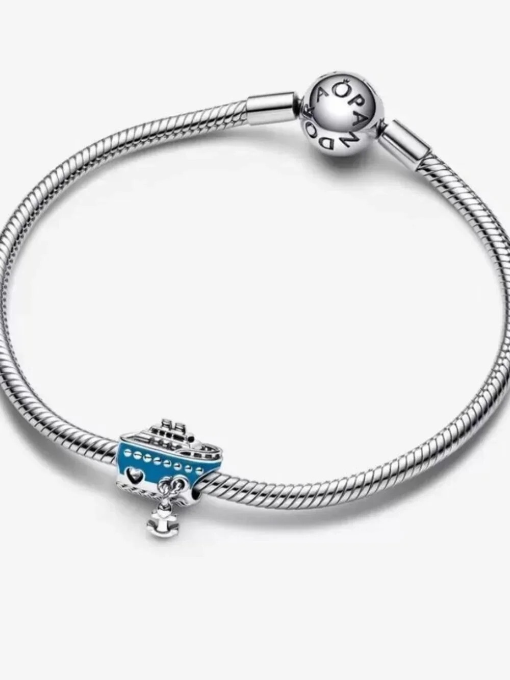 Pandora Sterling Silver Bracelet with Blue Enamel Cruise Ship Charm